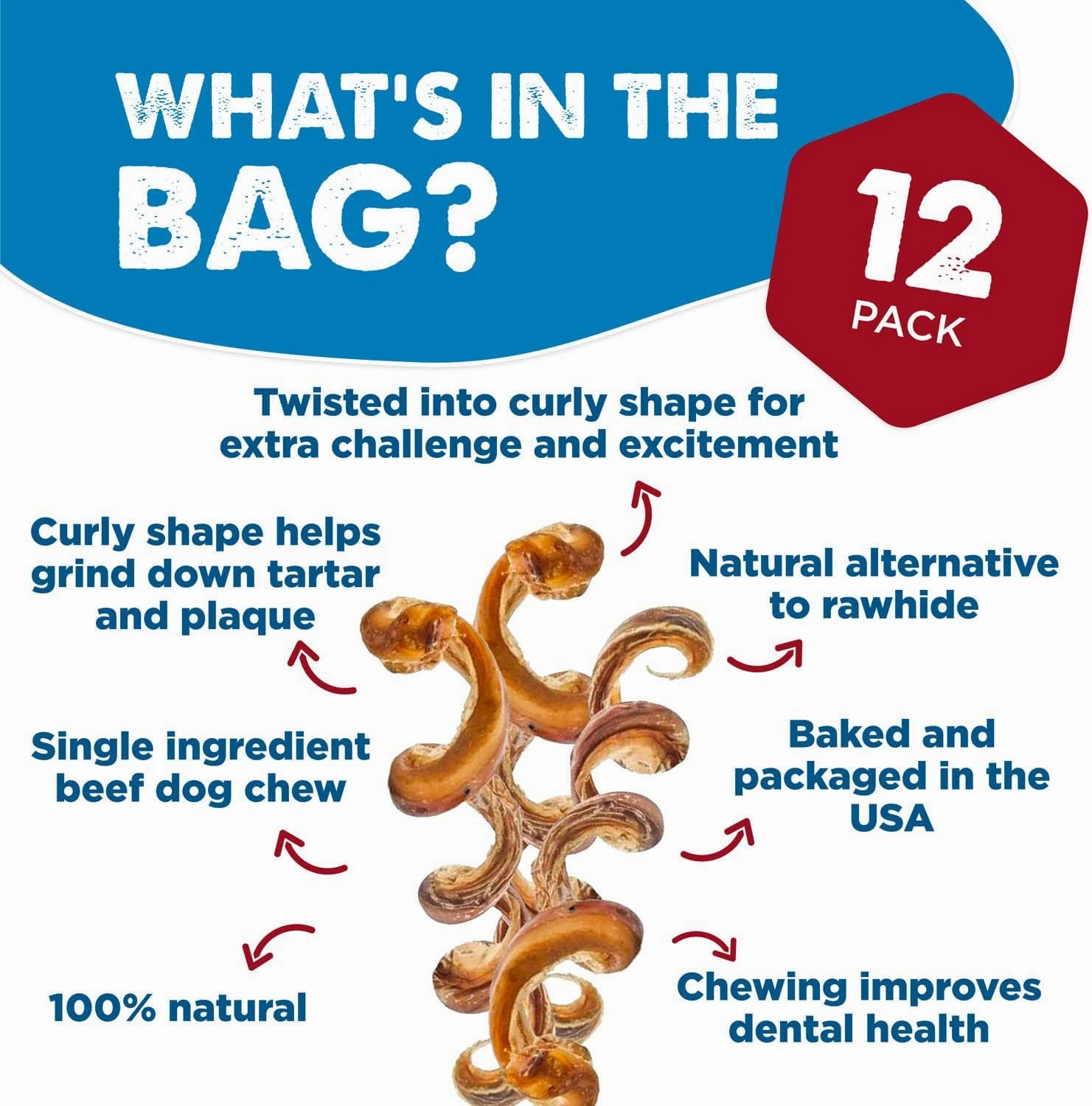 Best Bully Sticks 10-12 Inch Curly Bully Sticks - 12 Count (Pack of 1) - Natural Grass Fed Beef Dog Chews, Easily Digestible, Single Ingredient, Rawhide Free Treat
