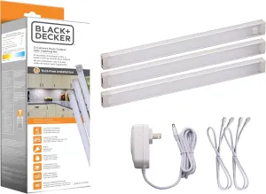 BLACK DECKER LED Under Cabinet Lighting Kit, 3-Bars, 9 Inches Each, DIY Tool-Free Installation, Warm White, 2700K, 1080 Lumens, 15 Watts, Home Accent (LEDUC9-3WK)