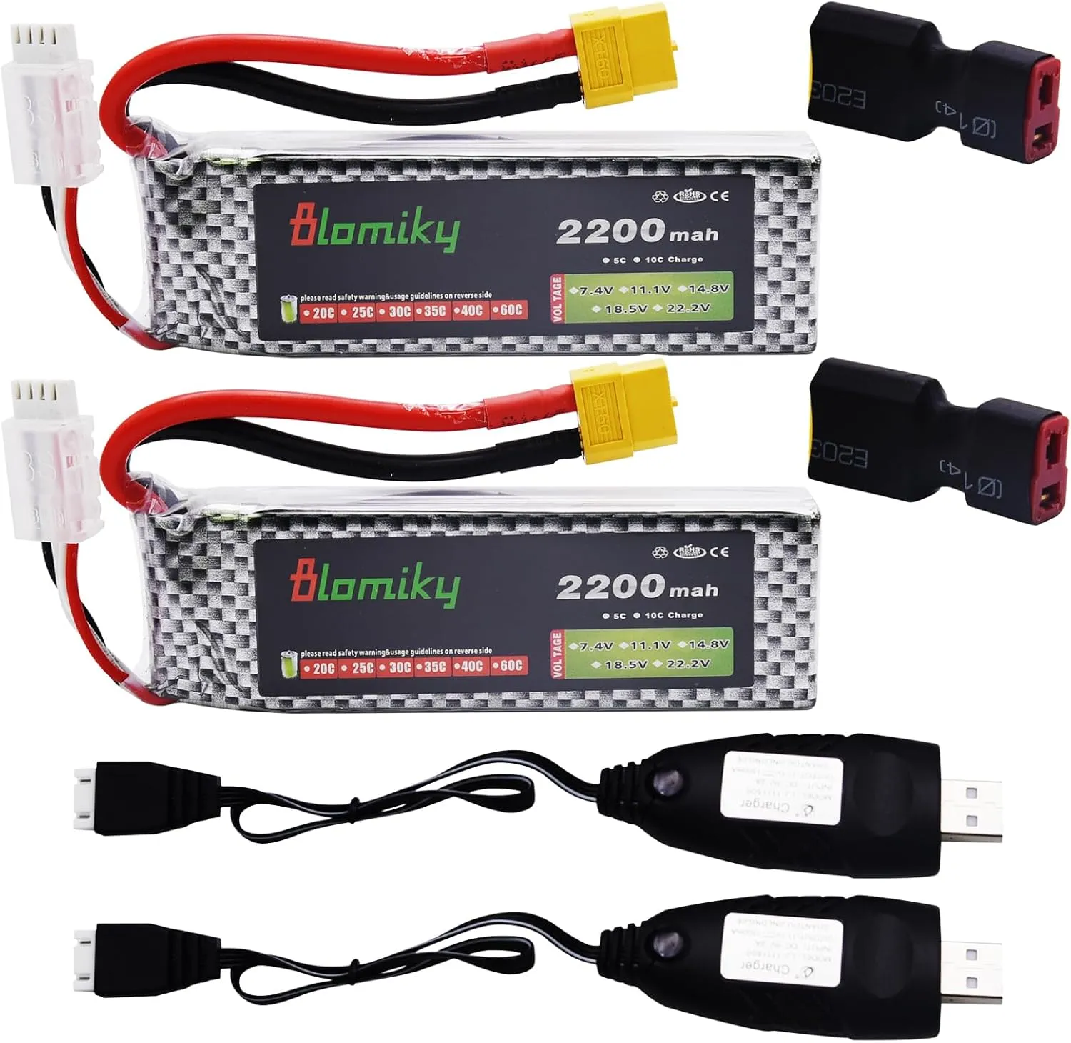 Blomiky 2 Pack XT60 Plug 11.1V 3S 2200mAh Lipo Battery and 1 Charger for RC Evader BX Car RC Truck RC Truggy RC Airplane UAV Drone FPV 11.1V 2200mAh XT60 2