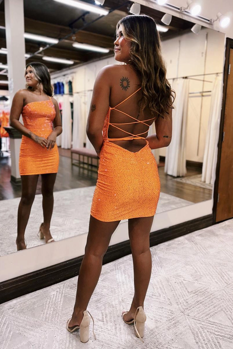 Bodycon Homecoming Dress one shoulder Style Lace Up Bodycon Fitting Delicate Beading Short Party Cocktail Dress