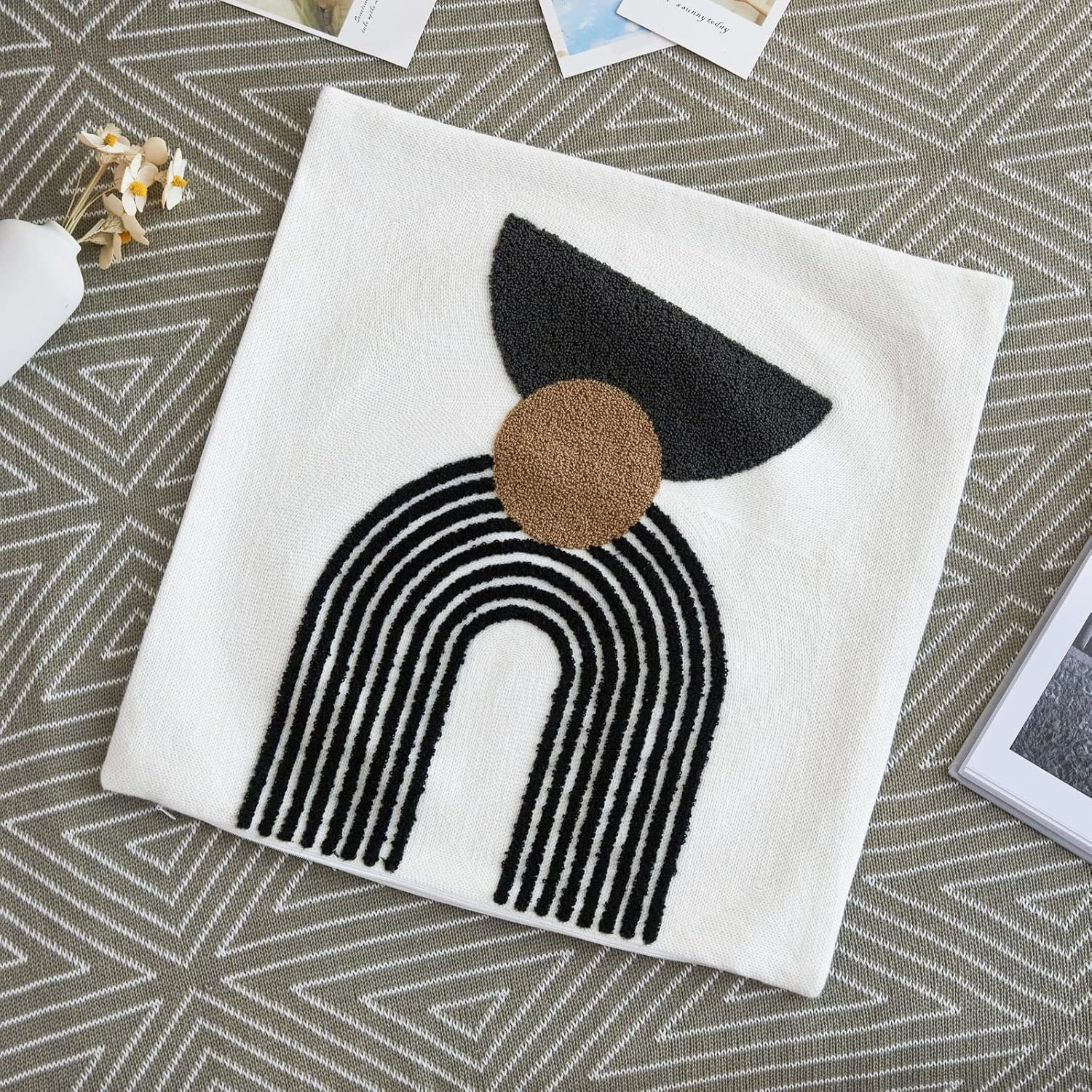 Boho Geo Accent Throw Pillow Covers Tribe Modern Round Arched Geometric Decorative Abstract Pillowcase for Bed Couch Living Room,1 Set of 18x18,Brown and Black