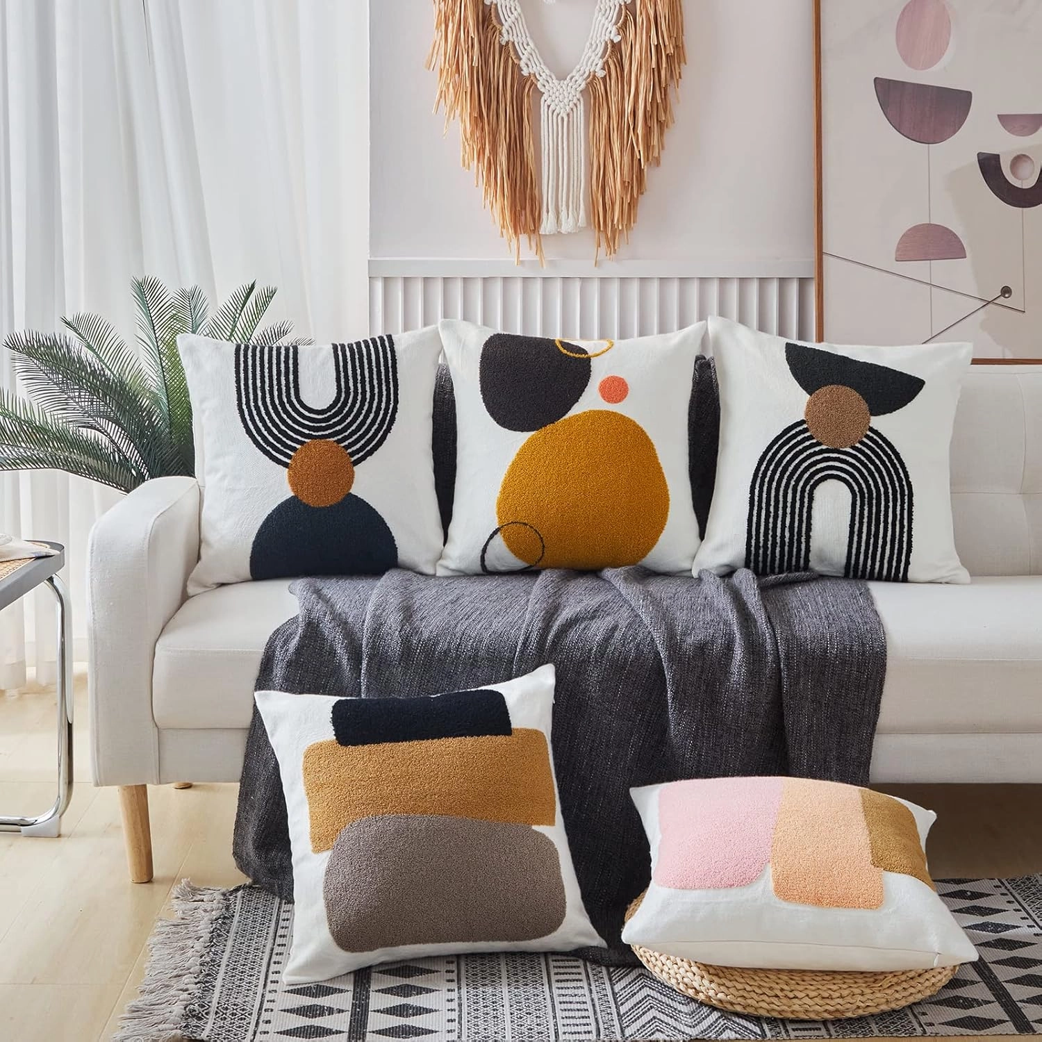 Boho Geo Accent Throw Pillow Covers Tribe Modern Round Arched Geometric Decorative Abstract Pillowcase for Bed Couch Living Room,1 Set of 18x18,Brown and Black