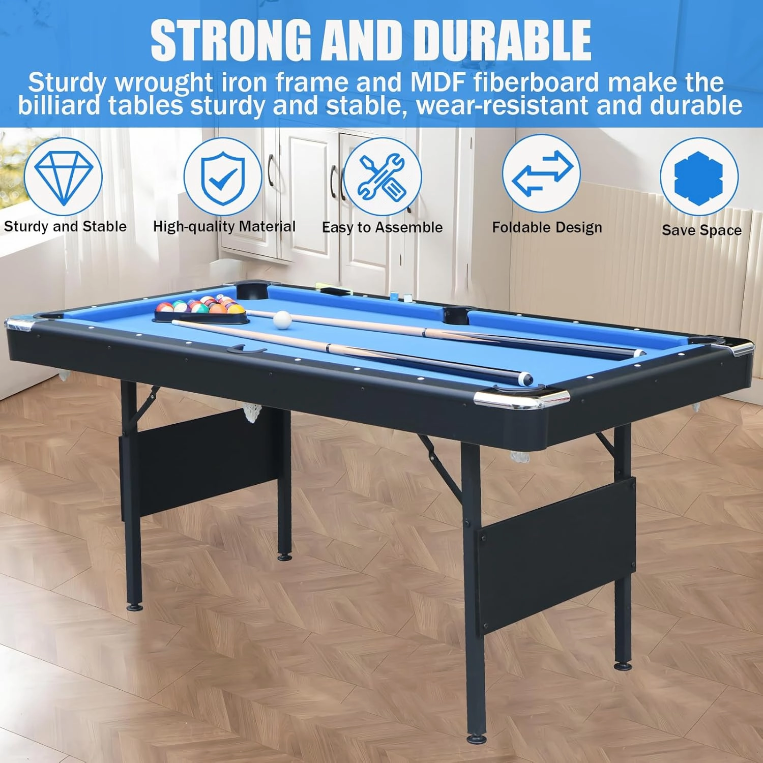 BOSTANA 5.5 ft Pool Table, Billiard Tables with Balls, Cues, Chalks and Brush, Portable Foldable Pool Table Perfect for Family Game Room Kid Adult
