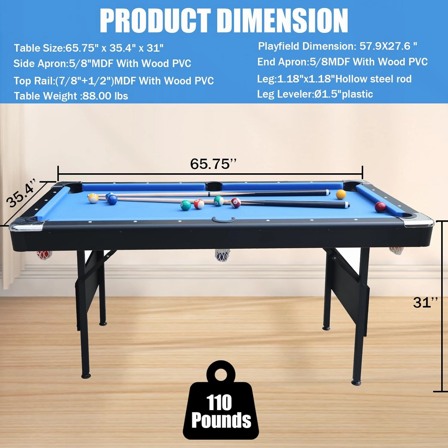 BOSTANA 5.5 ft Pool Table, Billiard Tables with Balls, Cues, Chalks and Brush, Portable Foldable Pool Table Perfect for Family Game Room Kid Adult