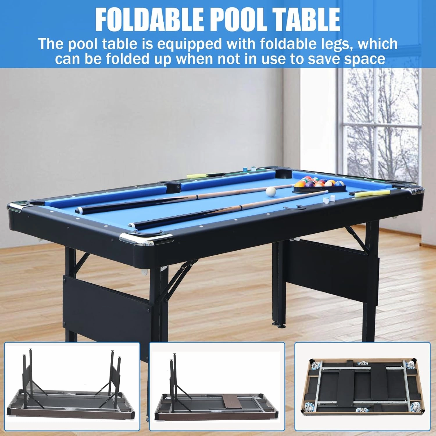 BOSTANA 5.5 ft Pool Table, Billiard Tables with Balls, Cues, Chalks and Brush, Portable Foldable Pool Table Perfect for Family Game Room Kid Adult