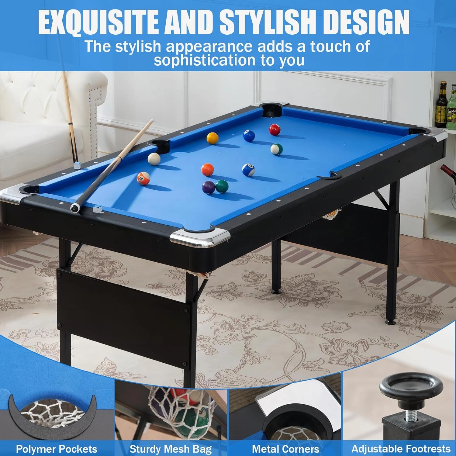 BOSTANA 5.5 ft Pool Table, Billiard Tables with Balls, Cues, Chalks and Brush, Portable Foldable Pool Table Perfect for Family Game Room Kid Adult