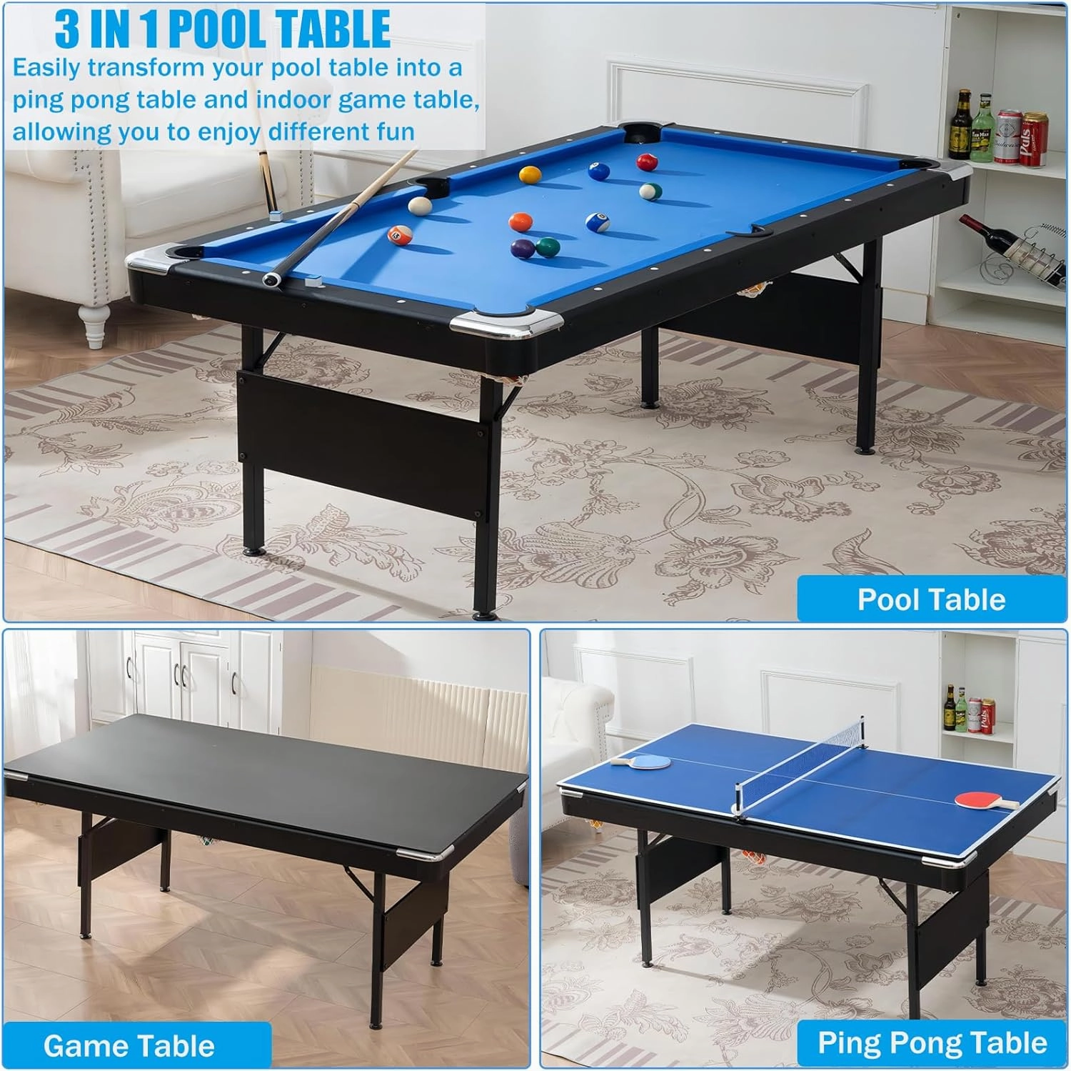 BOSTANA 5.5 ft Pool Table, Billiard Tables with Balls, Cues, Chalks and Brush, Portable Foldable Pool Table Perfect for Family Game Room Kid Adult