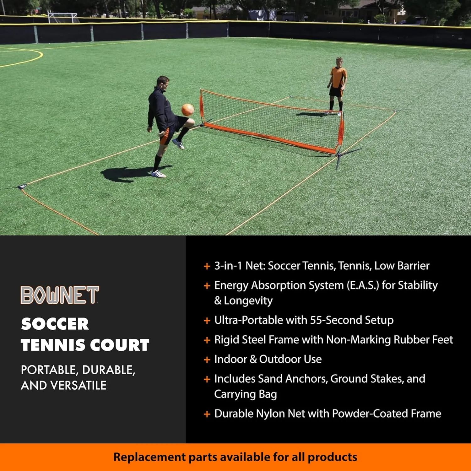 Bownet Soccer Tennis Court with Four Heavy Duty Sand Anchors - Best to Use for Driveway Tennis Net, Indoor and Outdoor- Portable East to Setup, Orange
