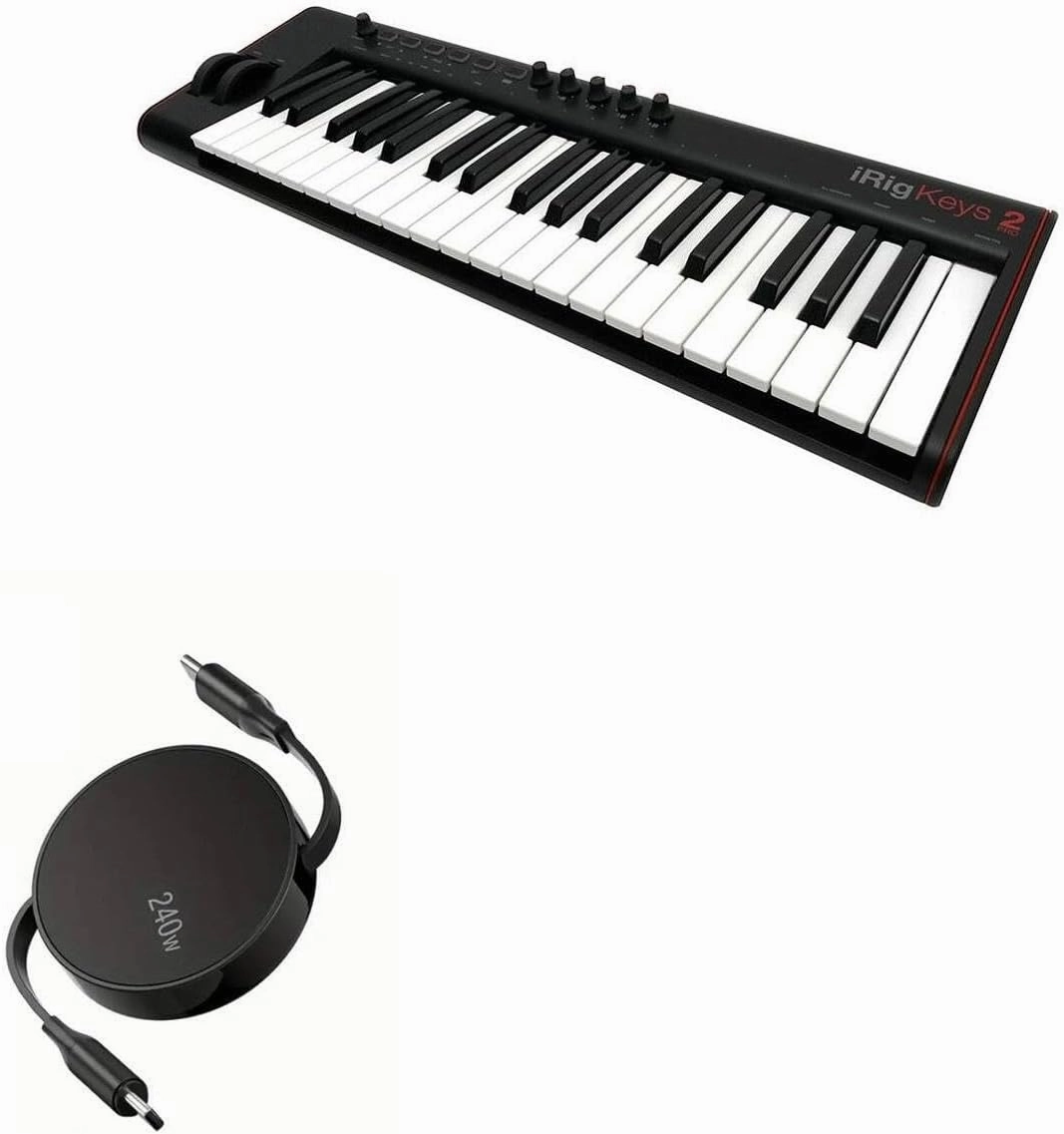 BoxWave Cable Compatible with IK Multimedia iRig Keys 2 Pro - PD miniSync (240W), Retractable PD 240W Portable USB Type-C Cable - Jet Black