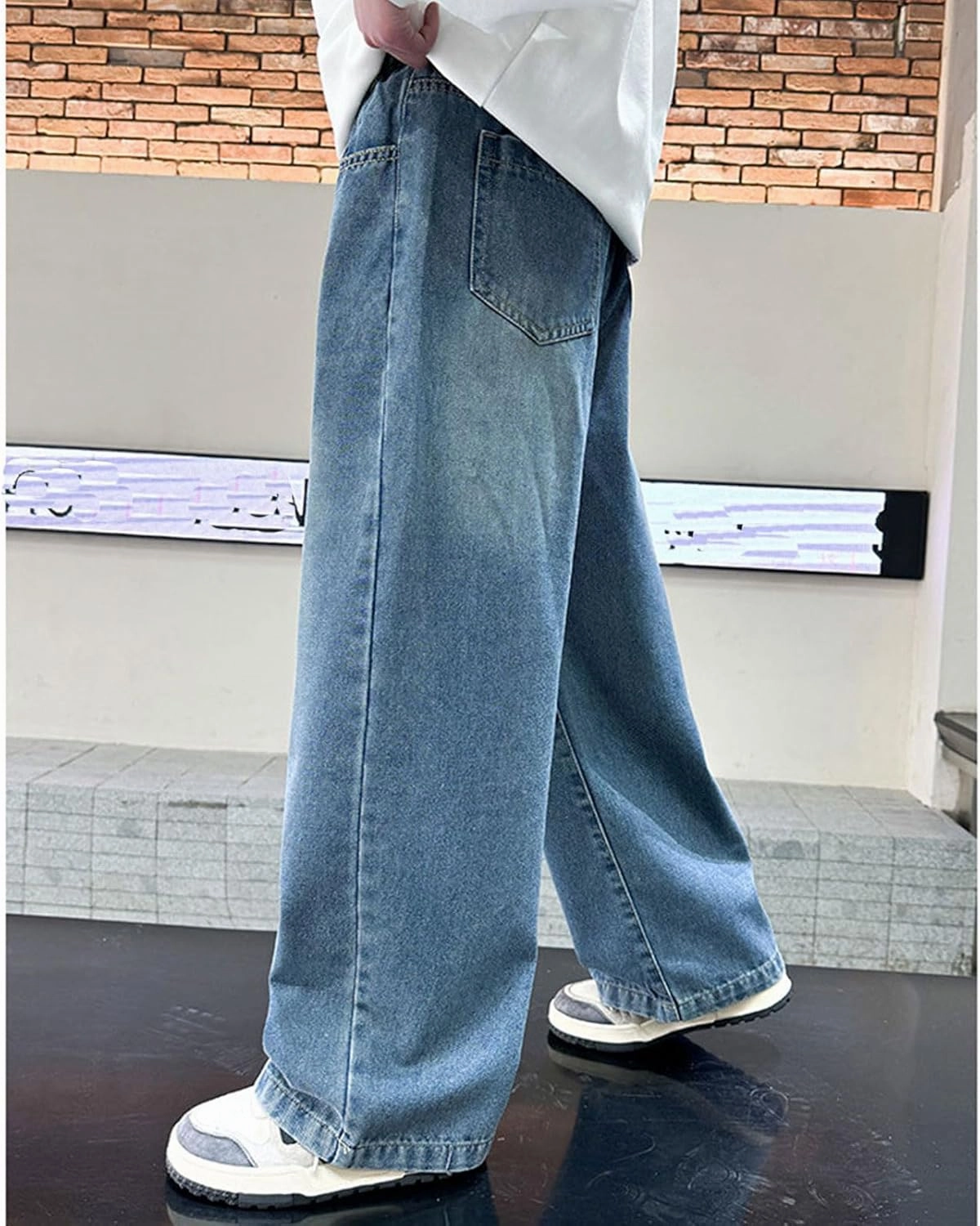 Boy's Baggy Jeans Elastic Waist Pull On Denim Pants Classic Straight Wide Leg Jeans for Kids 6-14 Years