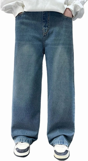 Boy's Baggy Jeans Elastic Waist Pull On Denim Pants Classic Straight Wide Leg Jeans for Kids 6-14 Years