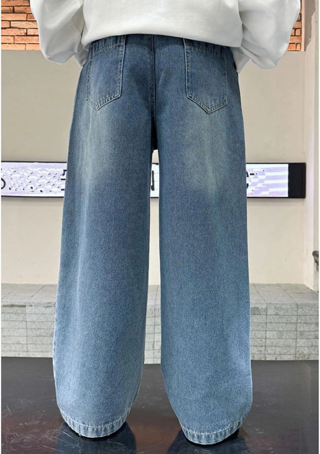Boy's Baggy Jeans Elastic Waist Pull On Denim Pants Classic Straight Wide Leg Jeans for Kids 6-14 Years