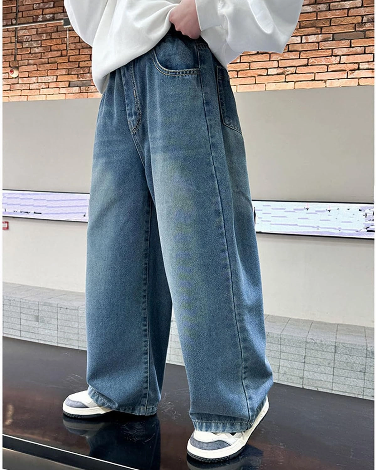 Boy's Baggy Jeans Elastic Waist Pull On Denim Pants Classic Straight Wide Leg Jeans for Kids 6-14 Years