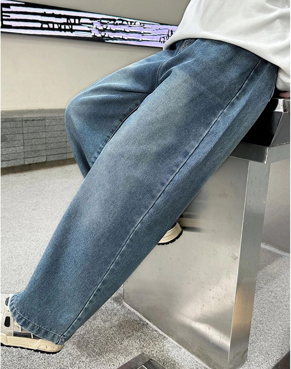 Boy's Baggy Jeans Elastic Waist Pull On Denim Pants Classic Straight Wide Leg Jeans for Kids 6-14 Years