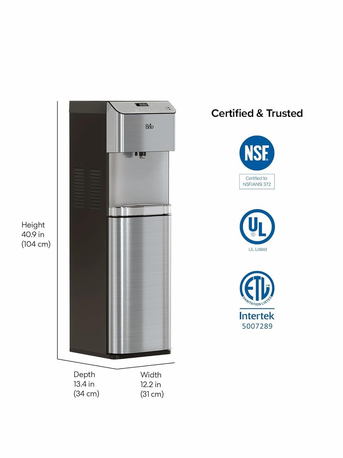 Brio Moderna Touchless Bottom Load Water Cooler Dispenser - Self-Cleaning, Motion Sensor, Tri Temp Dispense, Child Safety Lock, Holds 3 or 5 Gallon Bottles, Digital Display and LED Light
