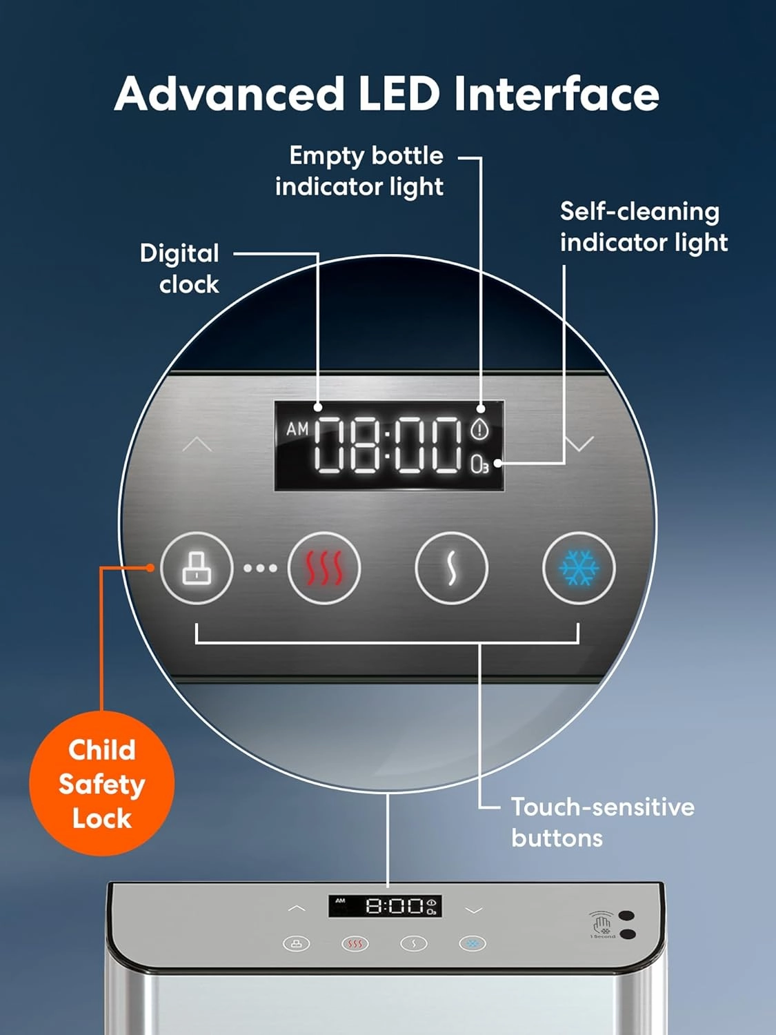 Brio Moderna Touchless Bottom Load Water Cooler Dispenser - Self-Cleaning, Motion Sensor, Tri Temp Dispense, Child Safety Lock, Holds 3 or 5 Gallon Bottles, Digital Display and LED Light