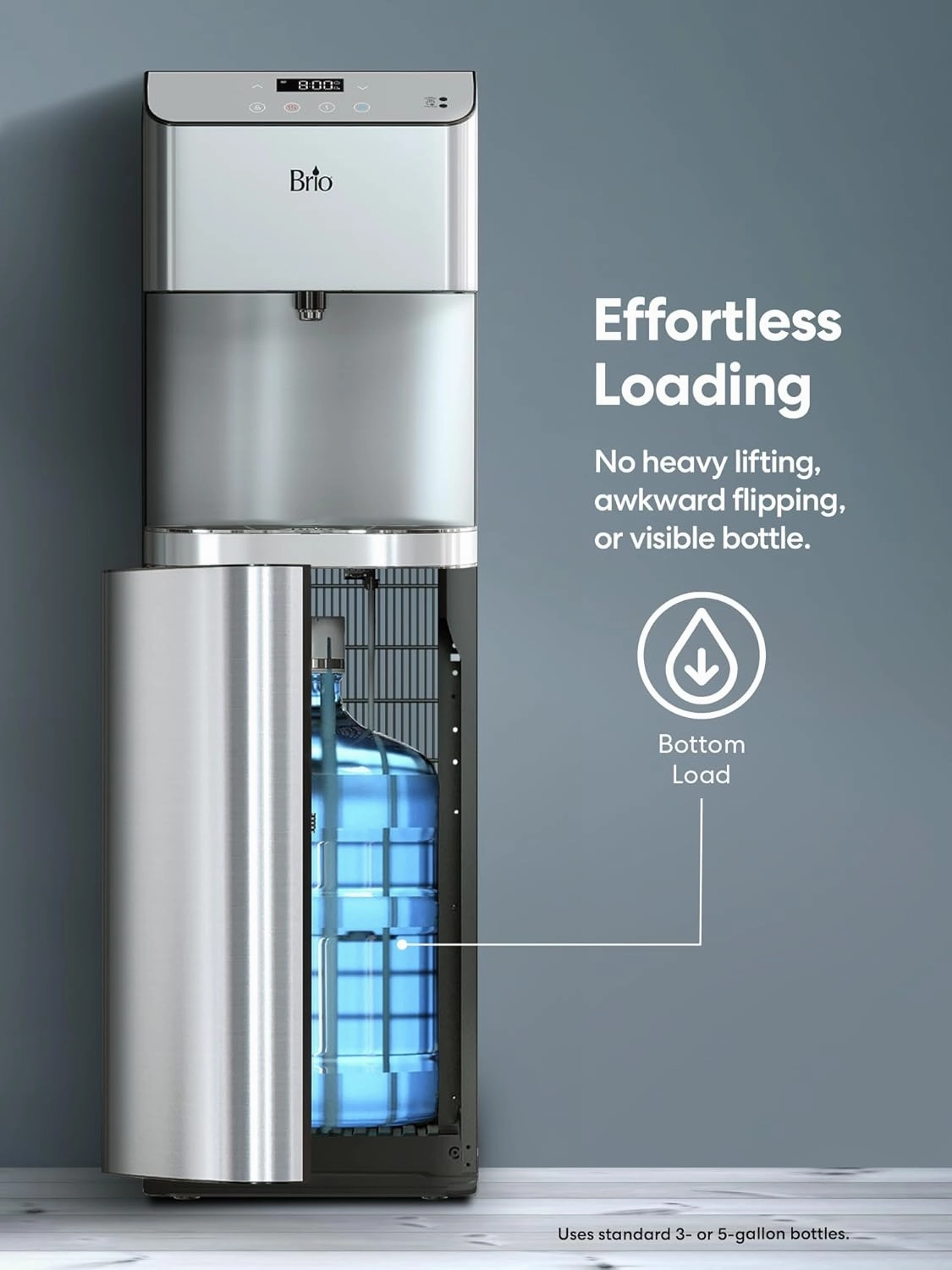 Brio Moderna Touchless Bottom Load Water Cooler Dispenser - Self-Cleaning, Motion Sensor, Tri Temp Dispense, Child Safety Lock, Holds 3 or 5 Gallon Bottles, Digital Display and LED Light