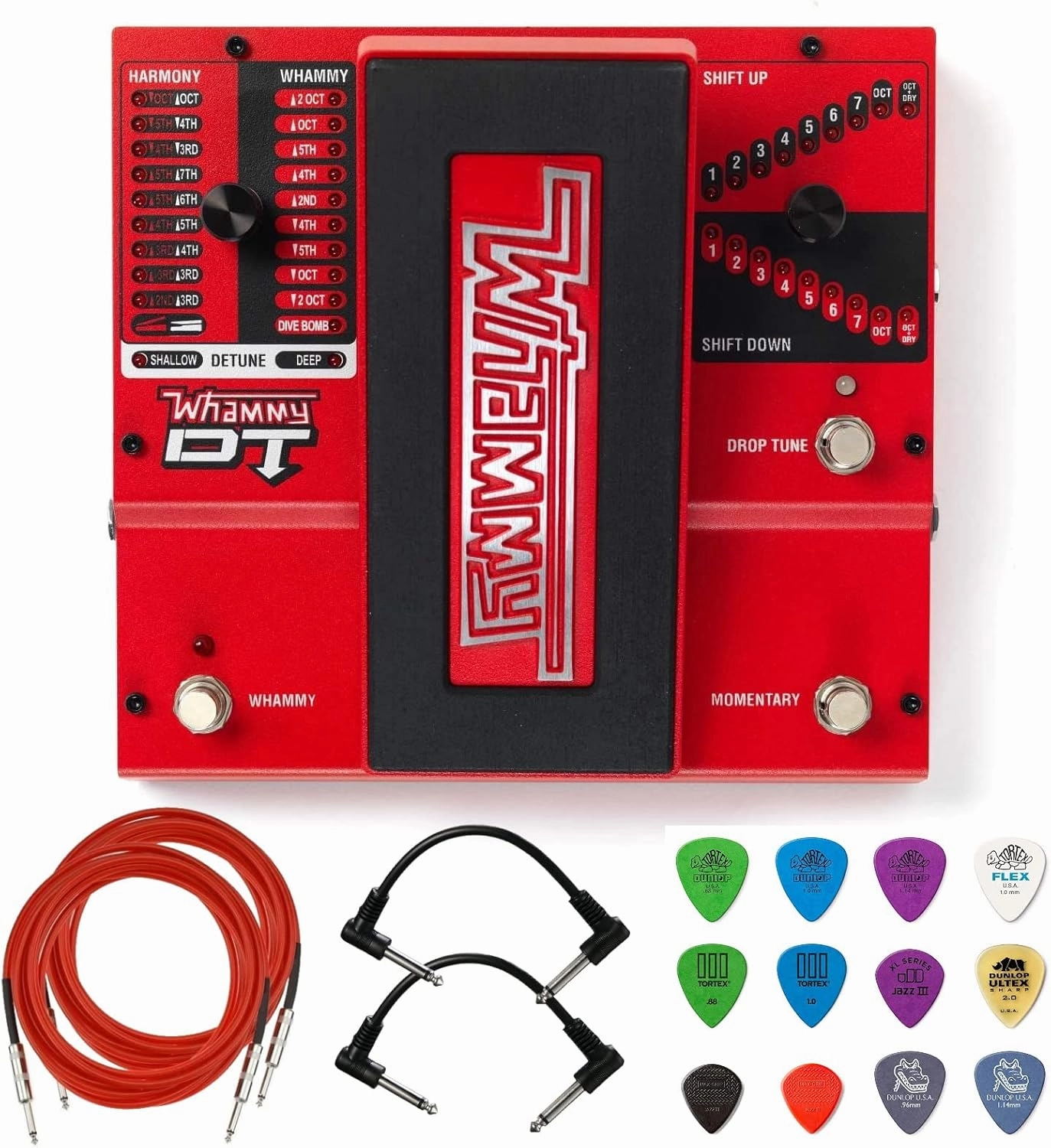 Briskdrop Digitech Whammy DT Pitch Shift Drop Tune Pedal Bundle with 2 Patch Cables, 2 Instrument Cables, and Dunlop Variety Pick Pack, whammyDT-bundle