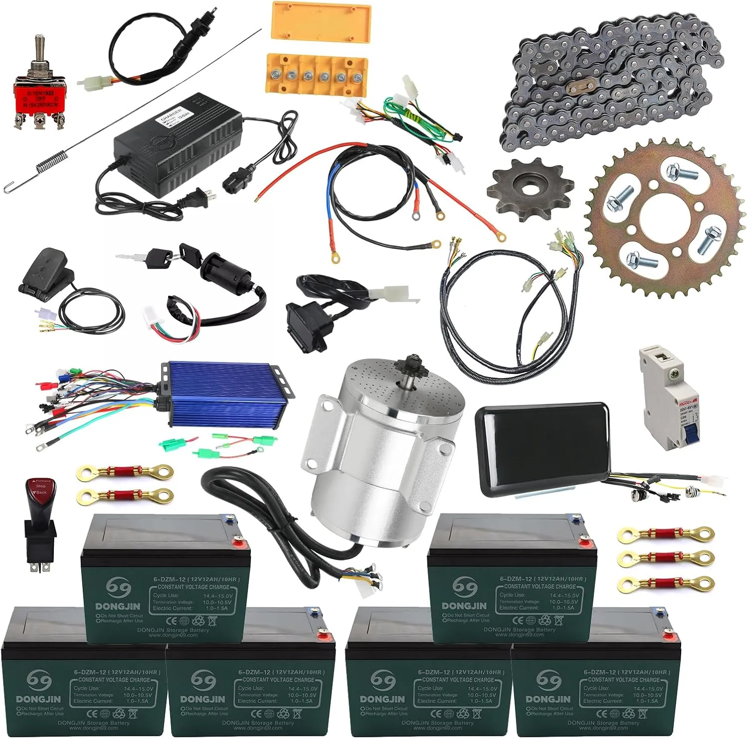 Brushless Electric Motor 72v 3000w & Controller 36-84v & Chain Sprocket Complete Kit with 6-DZM-12 12v Battery Rechargeable for Golf Cart Go Kart ATV Quad Scooter E Bike Bicycle Pit Dirt Bike