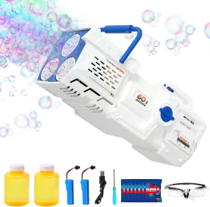 Bubble Gun Bazooka - 60-Hole LED Automatic Bubble Machine with Rechargeable Battery & Complete Accessories, Fun for Outdoor Play, Weddings, and Parties for Kids Aged 3-6 and Adults