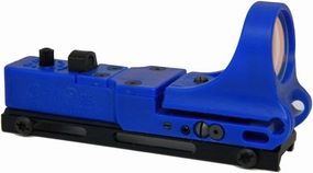 C-MORE Systems Railway Red Dot Sight, Standard Intensity Switch, 2 MOA, 1x Magnification, Made of Polymer, Ultra Bright, All Weather, Waterproof, Lightweight, Blue