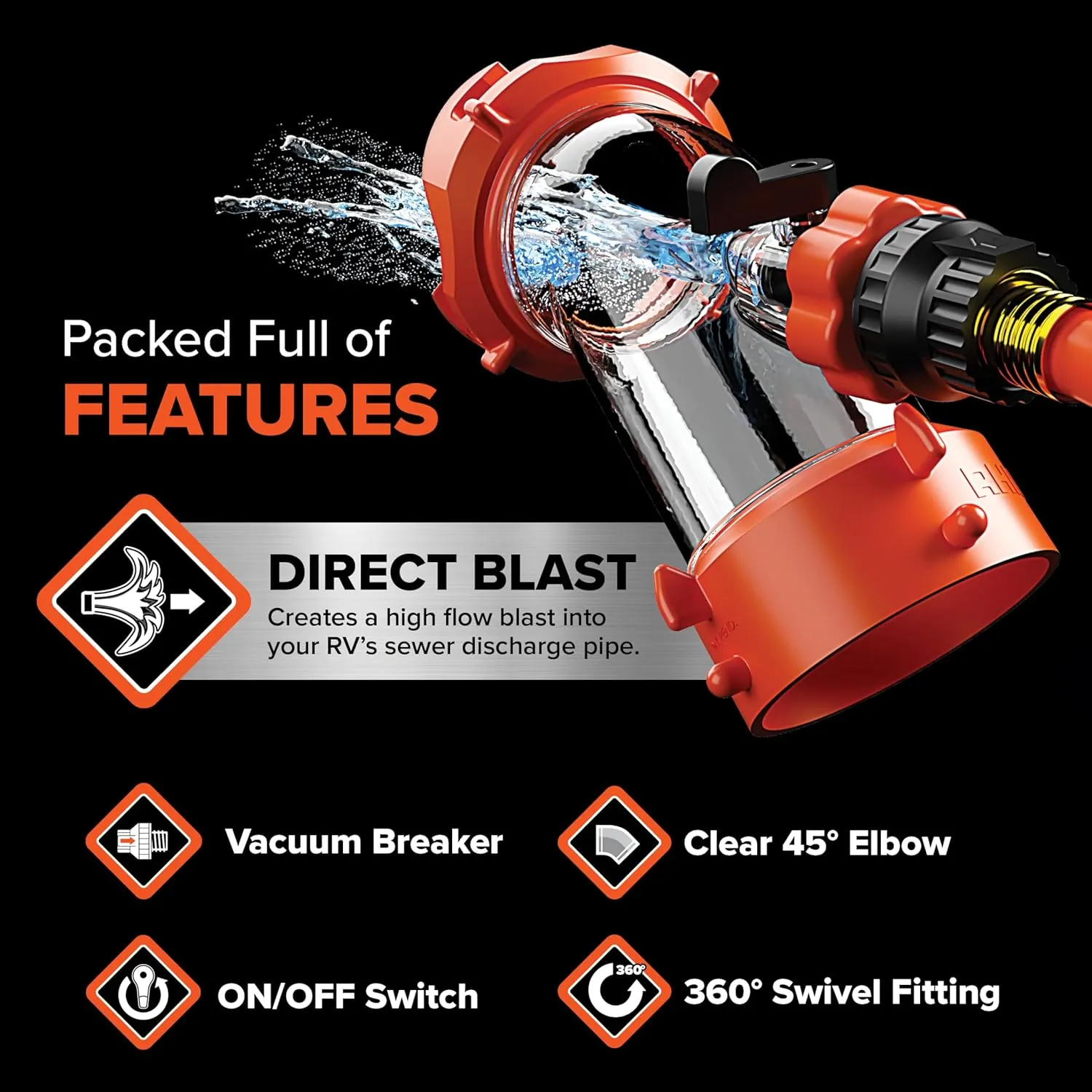 Camco Rhino Blaster RV Tank Rinser with Backflow Preventer RV Accessories for Toilet and Waste Tank Cleaning - Essential Camper Supplies for Odor Control and Sensor Maintenance - (39080)