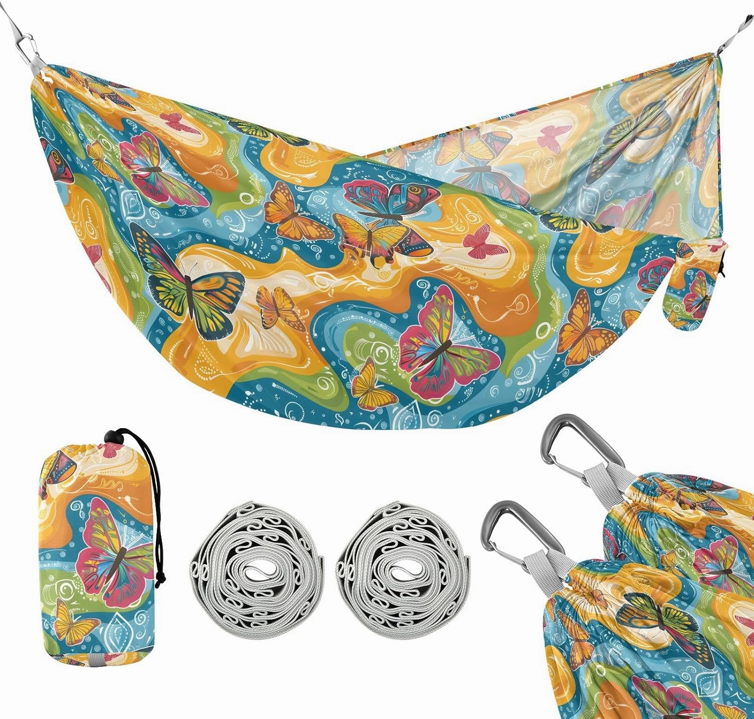 Camping Hammock Outdoor Hammocks for Outside Butterflies Beach Trees Portable Lightweight with Pockets Tree Straps Indoor Small