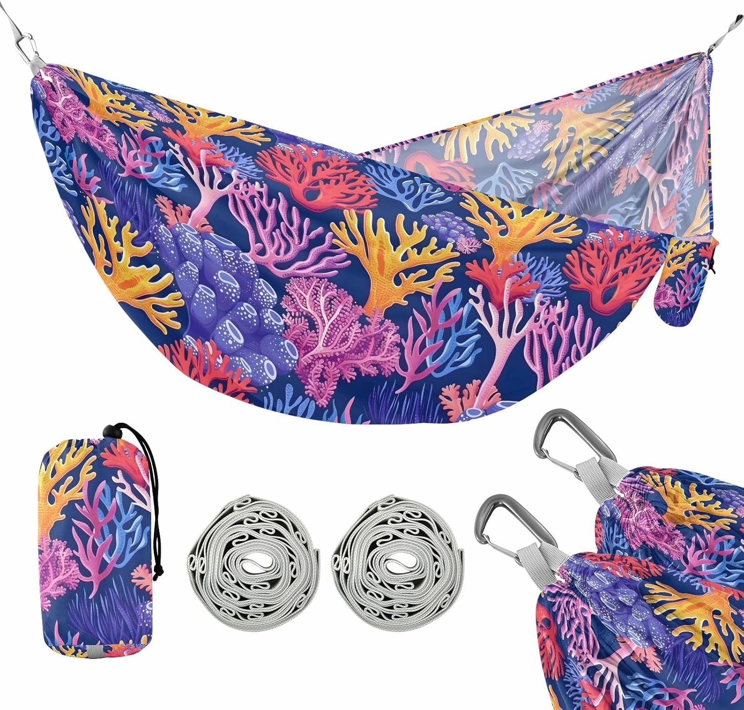 Camping Hammock Outdoor Hammocks for Outside Sea Corals Beach Trees Portable Lightweight with Pockets Tree Straps Indoor