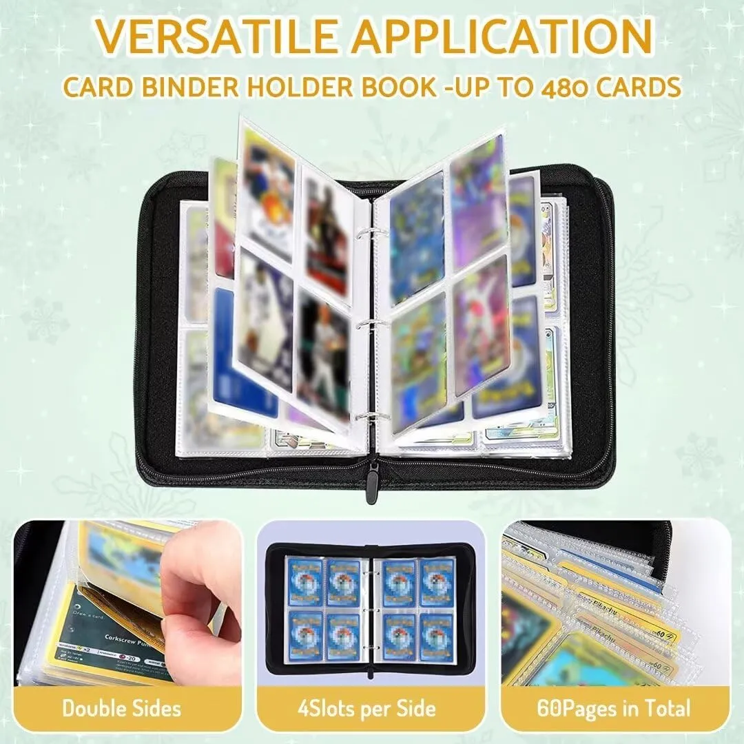 Card Binder Holder 480 Pockets with 60 Removable Sleeves, Portable Game/Sports Trading Cards Binder Album Collector Organizer Protectors with Zipper,Waterproof