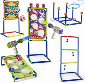 Carnival Games for Kids - Yard Games Include: Ring Toss, Beanbag, Ball Shooting Target Game, Ladder Toss, Darts Board, Tic Tac Toe, Birthday Party Activities, Portable Backyard Outdoor Games for Kids