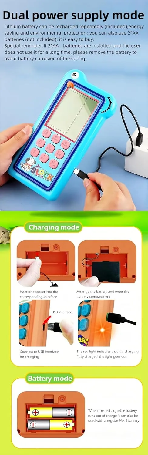 Cartoon Block Game Console Big Screen 23/26 Bricck Game Dual Mode Silicone Buttons Dual Powered by Rechargeable Lithium Battery/AA Retro Handheld Portable Toy Children/Teens Gifts (Blue)