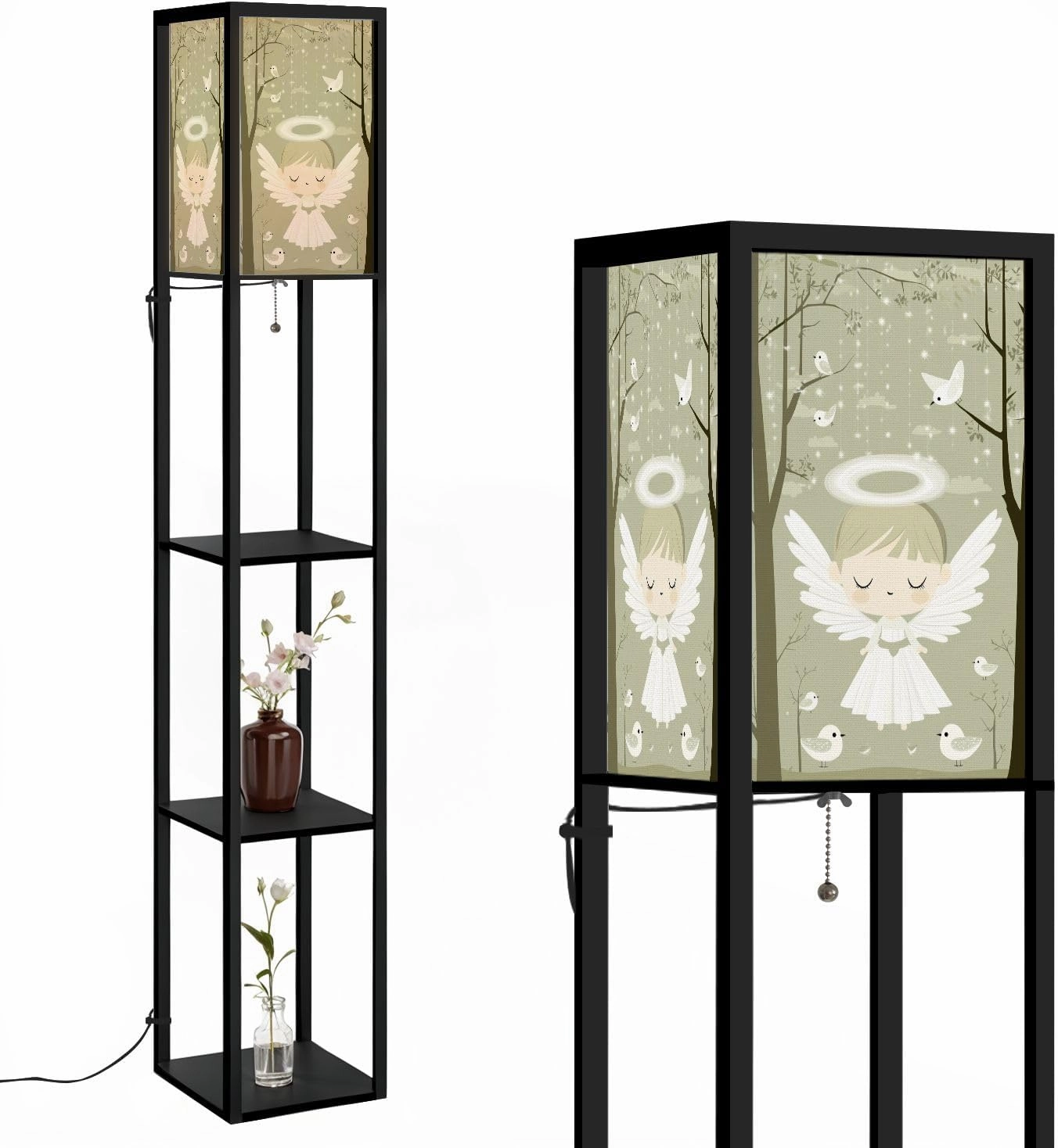 Cartoon Angel Art Nimbus Pastel Birds Floor Lamps with Shelves, Modern Standing Lamp Narrow Corner Display Bookshelf Lamp for Living Room, Bedroom, Office Decor