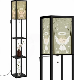 Cartoon Angel Art Nimbus Pastel Birds Floor Lamps with Shelves, Modern Standing Lamp Narrow Corner Display Bookshelf Lamp for Living Room, Bedroom, Office Decor