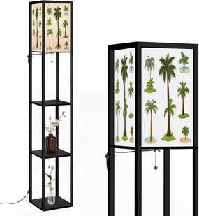 Cartoon Palm Trees Tropical Exotic Islands Set Island Green Palm Floor Lamps with Shelves, Modern Standing Lamp Narrow Corner Display Bookshelf Lamp for Living Room, Bedroom, Office Decor