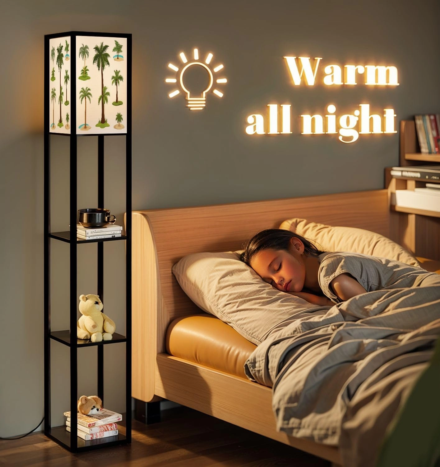 Cartoon Palm Trees Tropical Exotic Islands Set Island Green Palm Floor Lamps with Shelves, Modern Standing Lamp Narrow Corner Display Bookshelf Lamp for Living Room, Bedroom, Office Decor