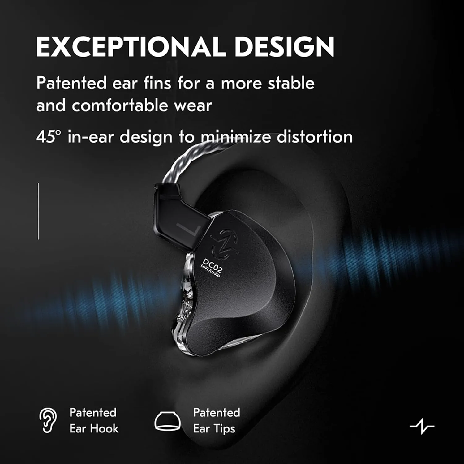 CCZ DC02 in Ear Monitors IEM Earphones without Microphone, Dual Magnetic Circuit DD HiFi Stereo Sound Wired Headphones, Noise Cancelling Ear buds, 4N OFC Cable for Musician Singer (Black, without Mic)