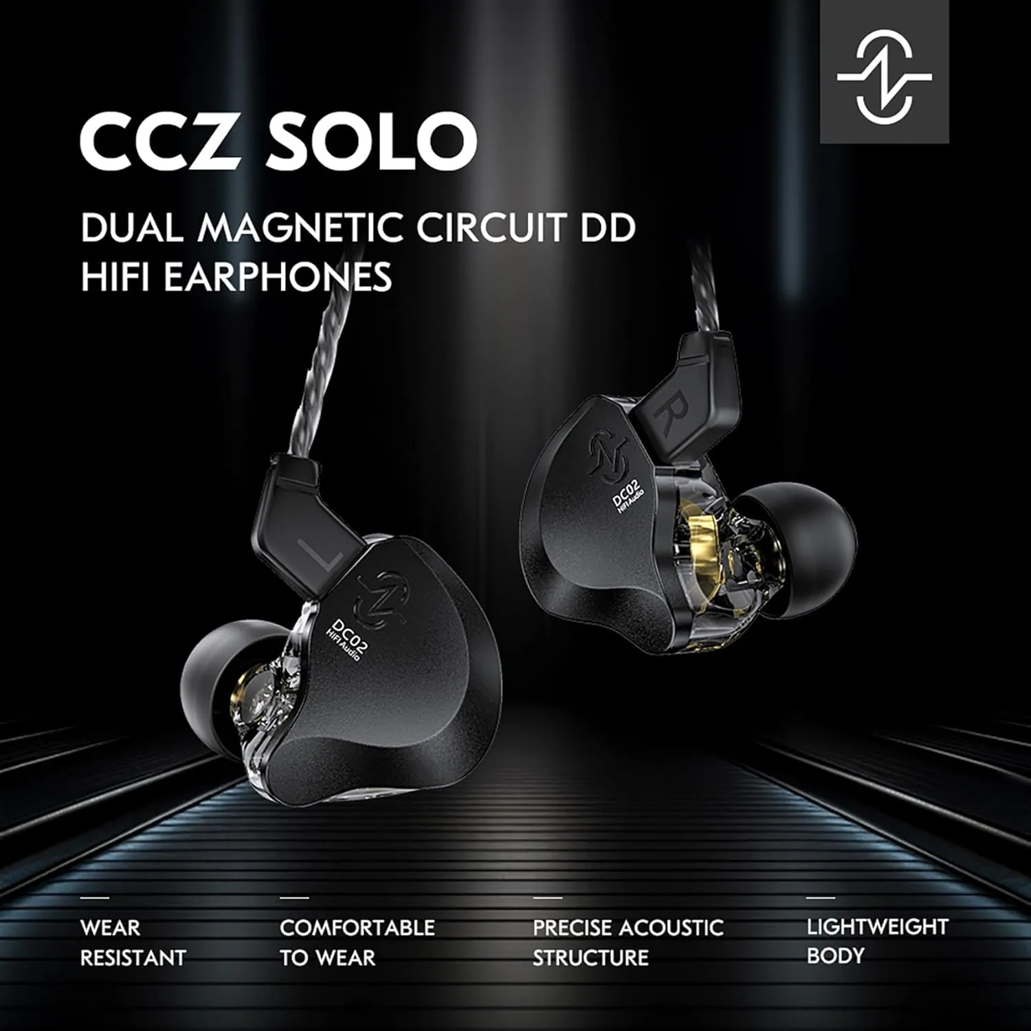 CCZ DC02 in Ear Monitors IEM Earphones without Microphone, Dual Magnetic Circuit DD HiFi Stereo Sound Wired Headphones, Noise Cancelling Ear buds, 4N OFC Cable for Musician Singer (Black, without Mic)