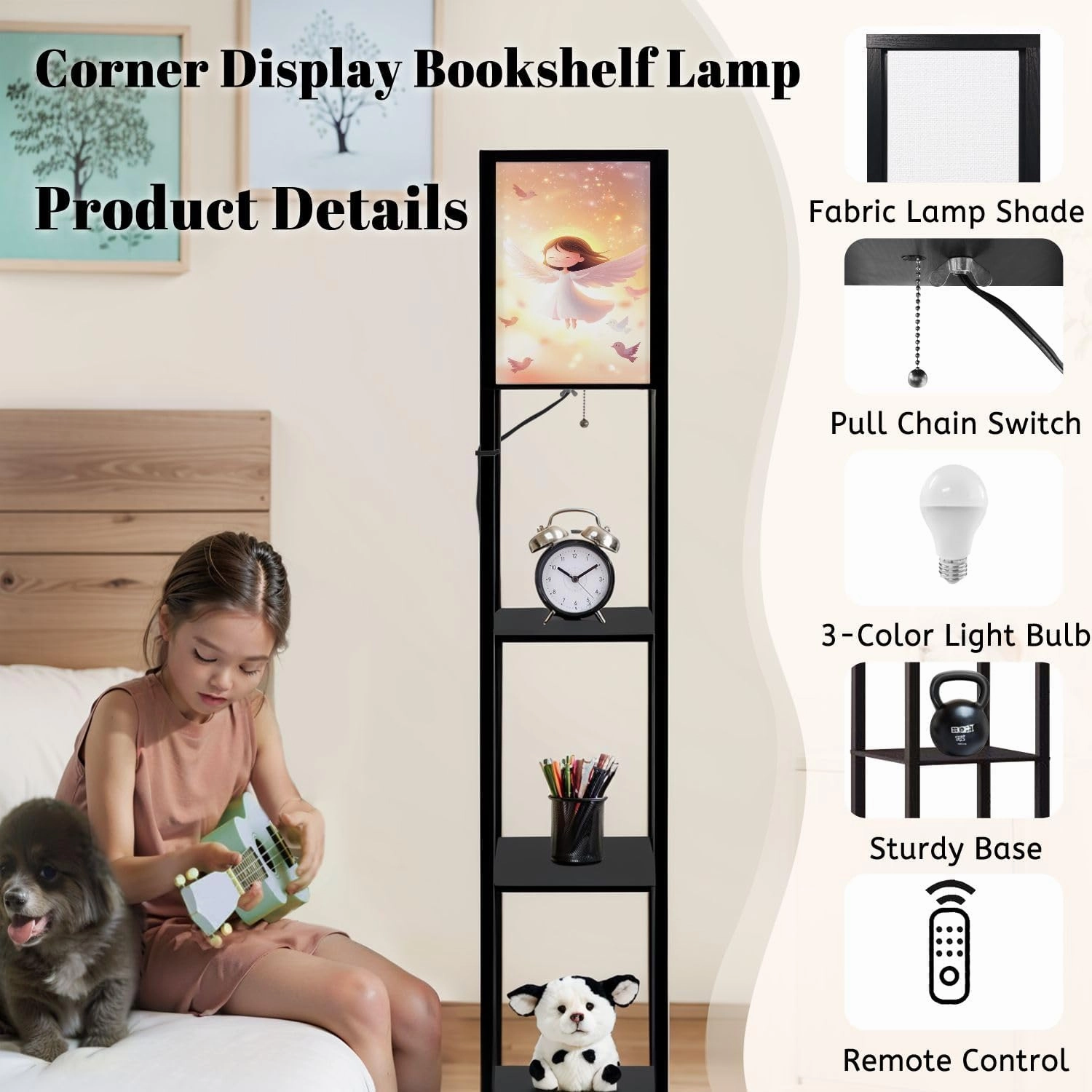 Celestial Angel Art Print Birds Floor Lamps with Shelves, Modern Standing Lamp Narrow Corner Display Bookshelf Lamp for Living Room, Bedroom, Office Decor