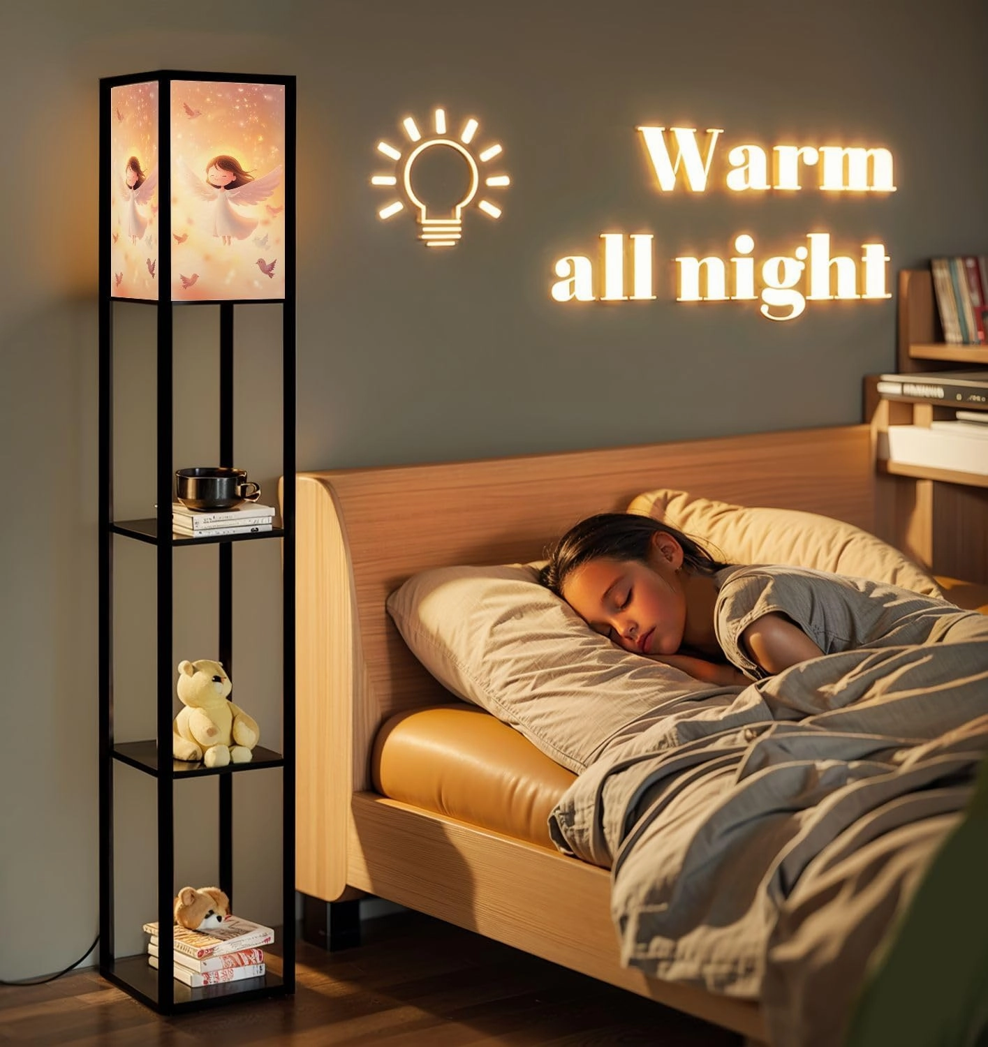 Celestial Angel Art Print Birds Floor Lamps with Shelves, Modern Standing Lamp Narrow Corner Display Bookshelf Lamp for Living Room, Bedroom, Office Decor