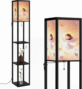Celestial Angel Art Print Birds Floor Lamps with Shelves, Modern Standing Lamp Narrow Corner Display Bookshelf Lamp for Living Room, Bedroom, Office Decor