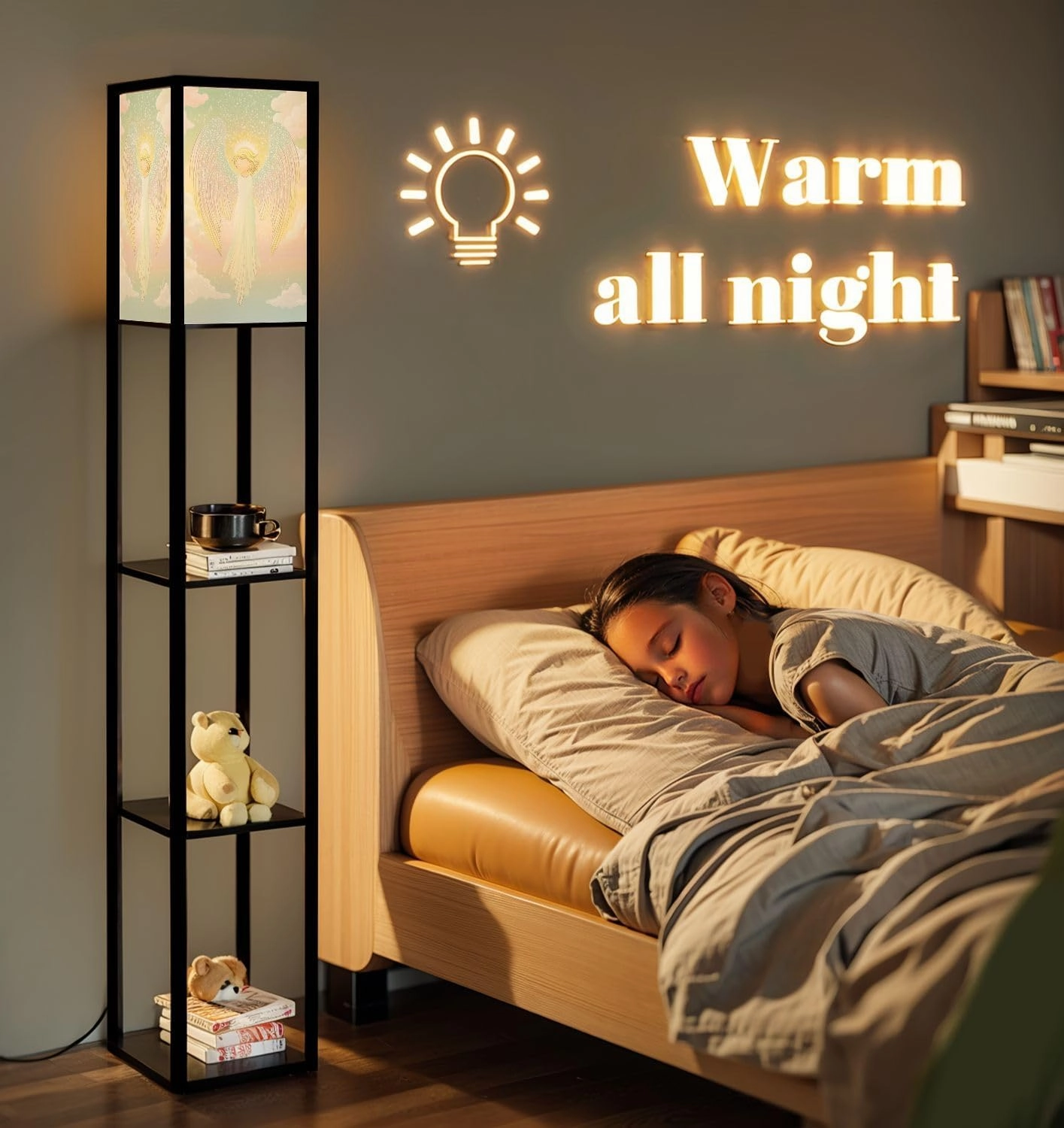 Celestial Bliss Angel Nimbus Pastel Clouds Floor Lamps with Shelves, Modern Standing Lamp Narrow Corner Display Bookshelf Lamp for Living Room, Bedroom, Office Decor