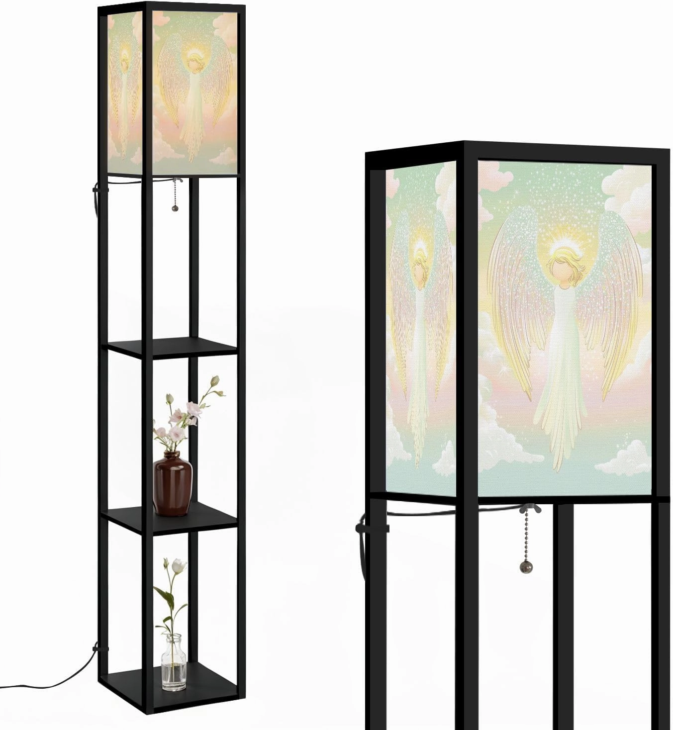 Celestial Bliss Angel Nimbus Pastel Clouds Floor Lamps with Shelves, Modern Standing Lamp Narrow Corner Display Bookshelf Lamp for Living Room, Bedroom, Office Decor