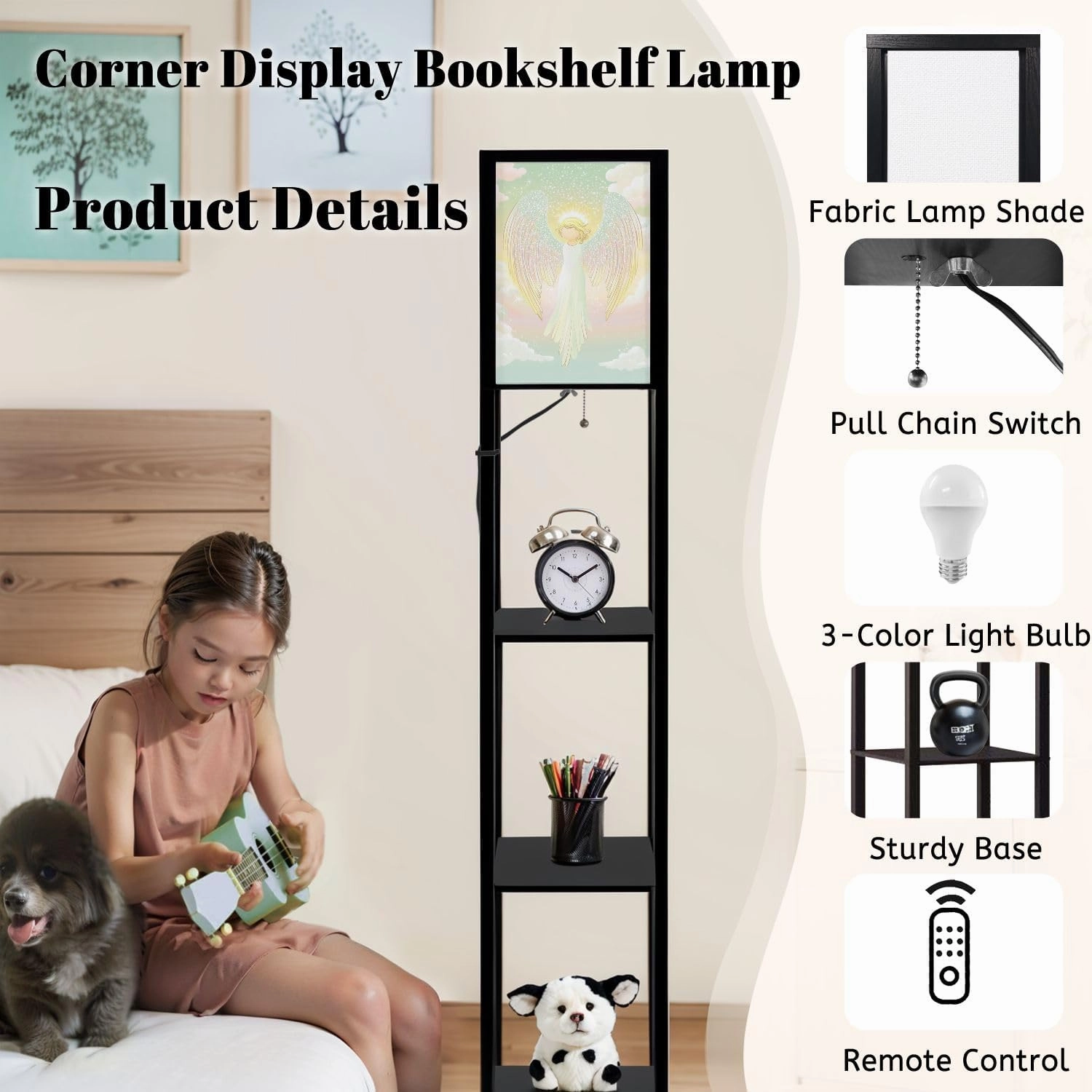Celestial Bliss Angel Nimbus Pastel Clouds Floor Lamps with Shelves, Modern Standing Lamp Narrow Corner Display Bookshelf Lamp for Living Room, Bedroom, Office Decor