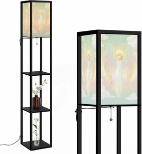 Celestial Bliss Angel Nimbus Pastel Clouds Floor Lamps with Shelves, Modern Standing Lamp Narrow Corner Display Bookshelf Lamp for Living Room, Bedroom, Office Decor