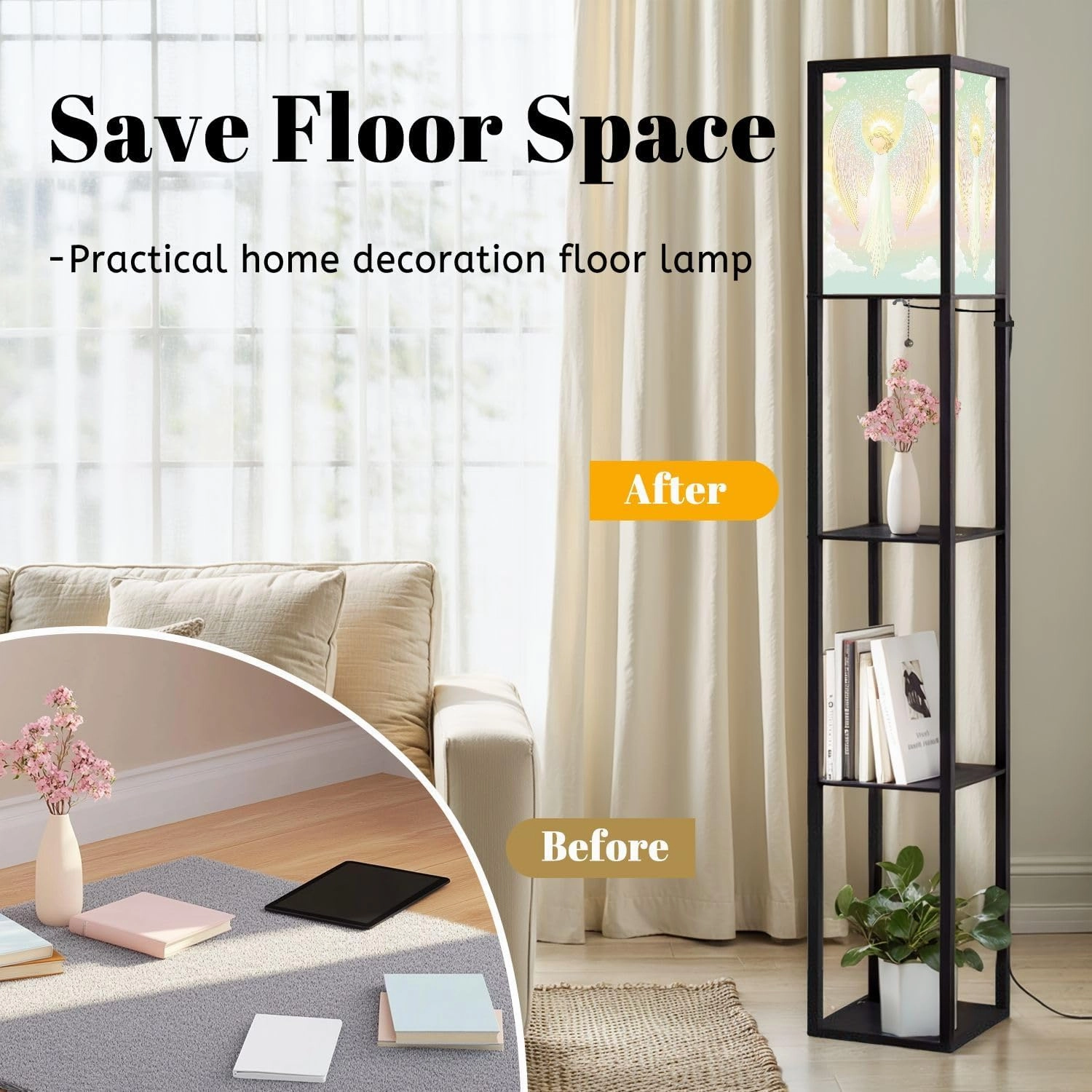 Celestial Bliss Angel Nimbus Pastel Clouds Floor Lamps with Shelves, Modern Standing Lamp Narrow Corner Display Bookshelf Lamp for Living Room, Bedroom, Office Decor