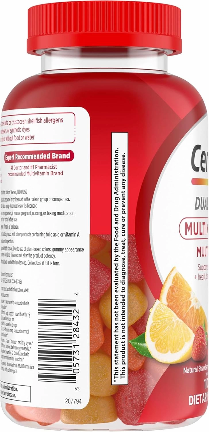 Centrum MultiGummies Multi  Omega 3 Dual Action, Adult Multivitamin, Multivitamin/Multimineral/Omega 3 Supplement, Strawberry/Lemon/Orange Flavors - 110 Count