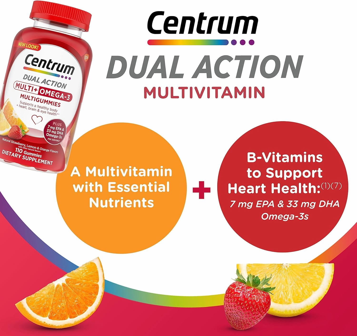 Centrum MultiGummies Multi  Omega 3 Dual Action, Adult Multivitamin, Multivitamin/Multimineral/Omega 3 Supplement, Strawberry/Lemon/Orange Flavors - 110 Count
