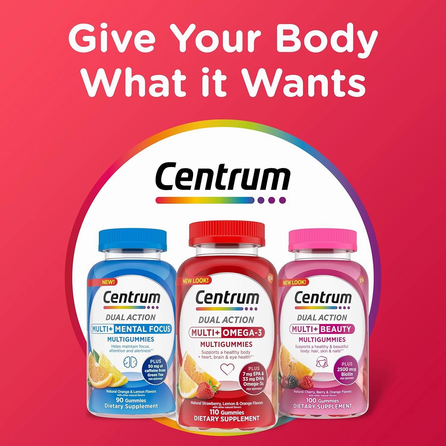 Centrum MultiGummies Multi  Omega 3 Dual Action, Adult Multivitamin, Multivitamin/Multimineral/Omega 3 Supplement, Strawberry/Lemon/Orange Flavors - 110 Count