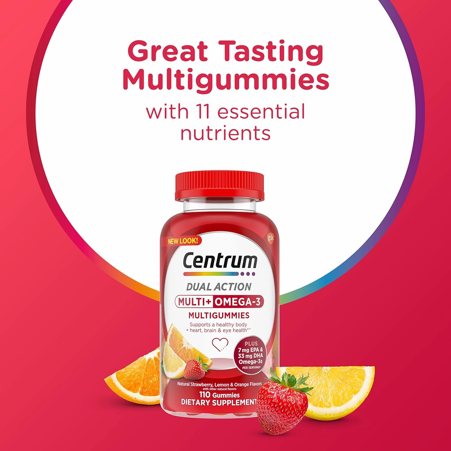 Centrum MultiGummies Multi  Omega 3 Dual Action, Adult Multivitamin, Multivitamin/Multimineral/Omega 3 Supplement, Strawberry/Lemon/Orange Flavors - 110 Count