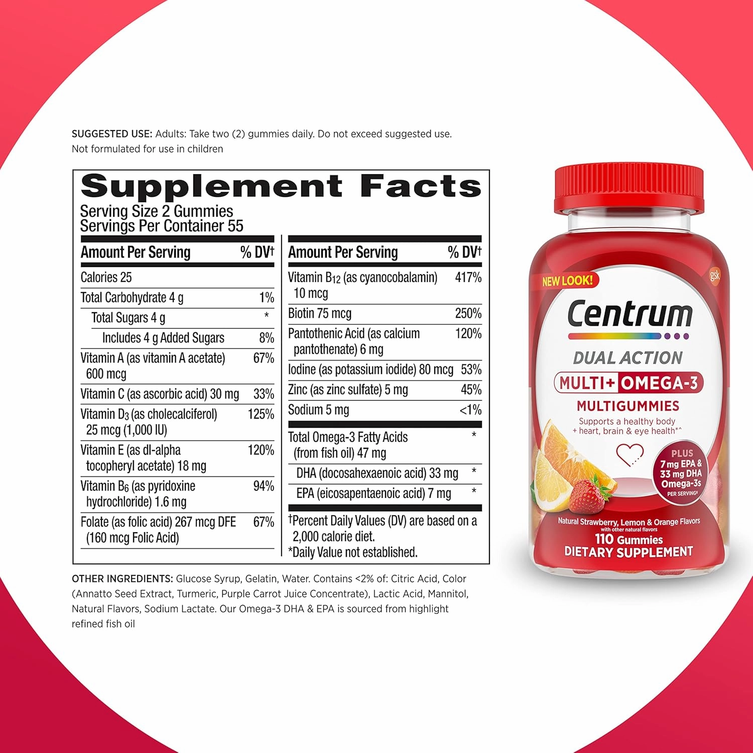 Centrum MultiGummies Multi  Omega 3 Dual Action, Adult Multivitamin, Multivitamin/Multimineral/Omega 3 Supplement, Strawberry/Lemon/Orange Flavors - 110 Count